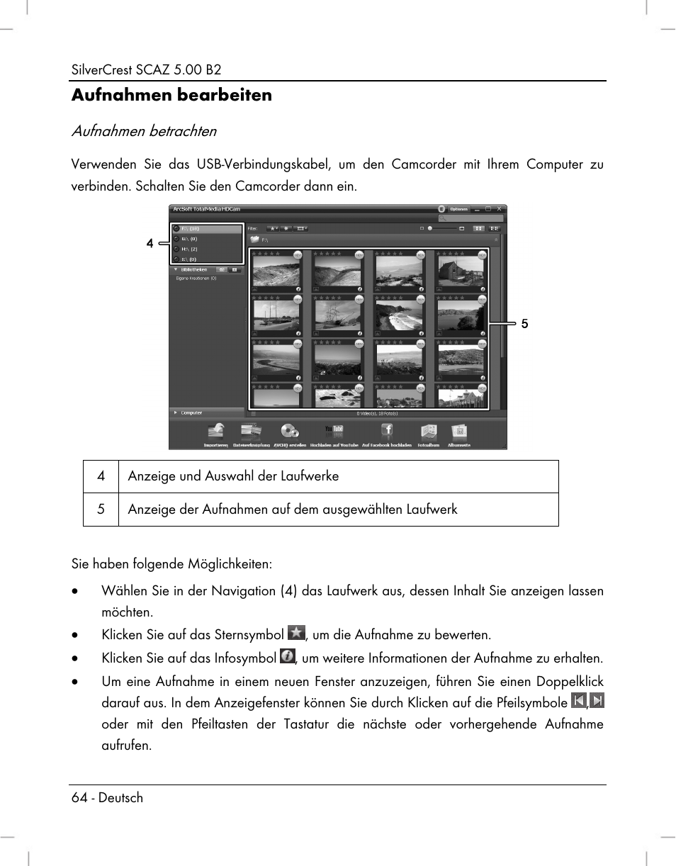 Aufnahmen bearbeiten, Aufnahmen betrachten | Silvercrest SCAZ 5.00 B2 User Manual | Page 66 / 296