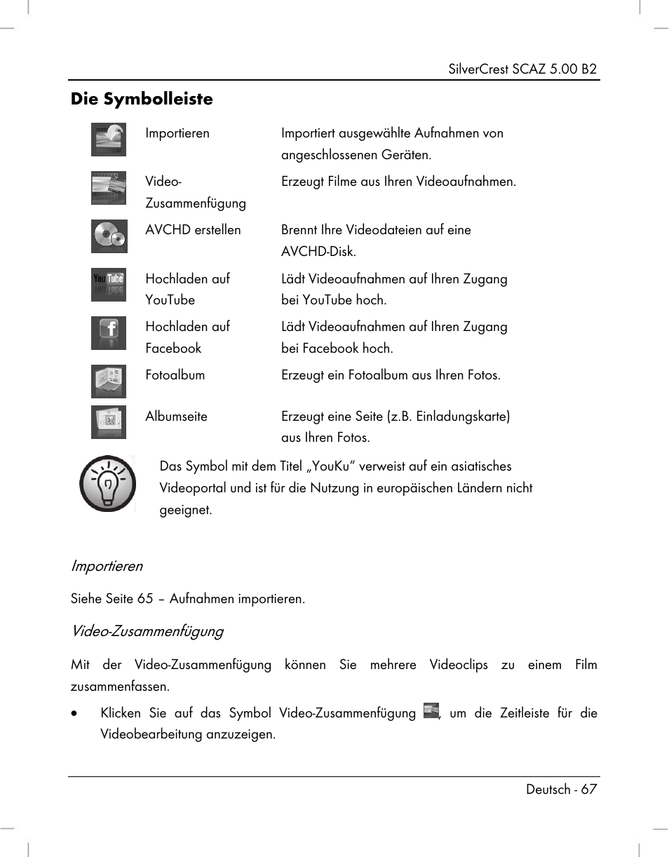 Die symbolleiste, Importieren, Video-zusammenfügung | Silvercrest SCAZ 5.00 B2 User Manual | Page 69 / 296