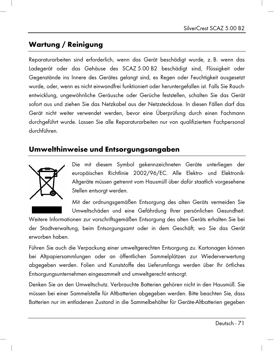 Wartung / reinigung, Umwelthinweise und entsorgungsangaben | Silvercrest SCAZ 5.00 B2 User Manual | Page 73 / 296