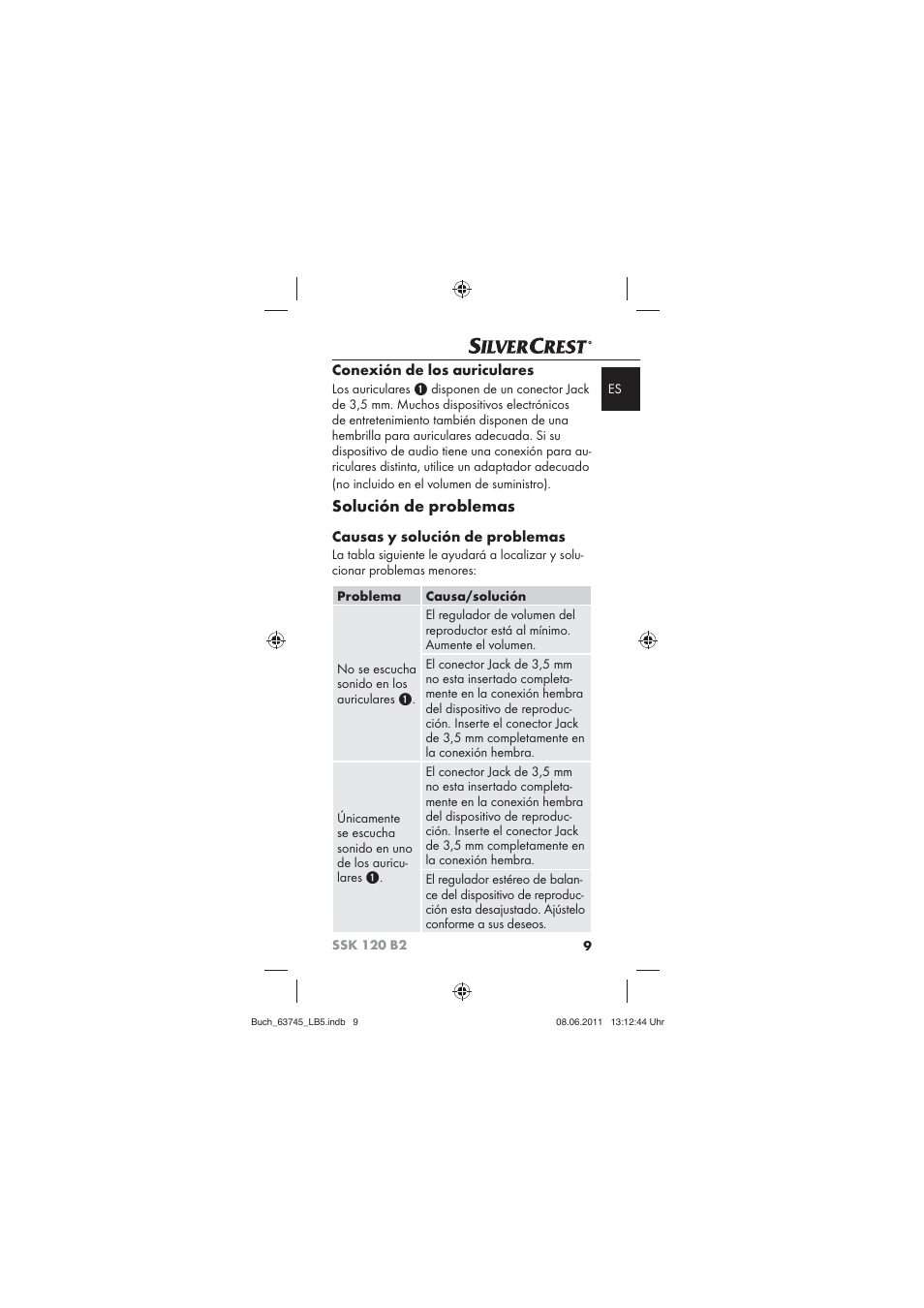 Solución de problemas, Conexión de los auriculares, Causas y solución de problemas | Silvercrest SSK 120 B2 User Manual | Page 11 / 72