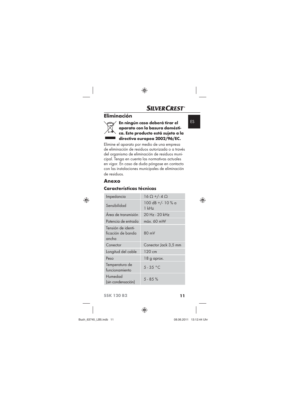 Eliminación, Anexo, Características técnicas | Silvercrest SSK 120 B2 User Manual | Page 13 / 72