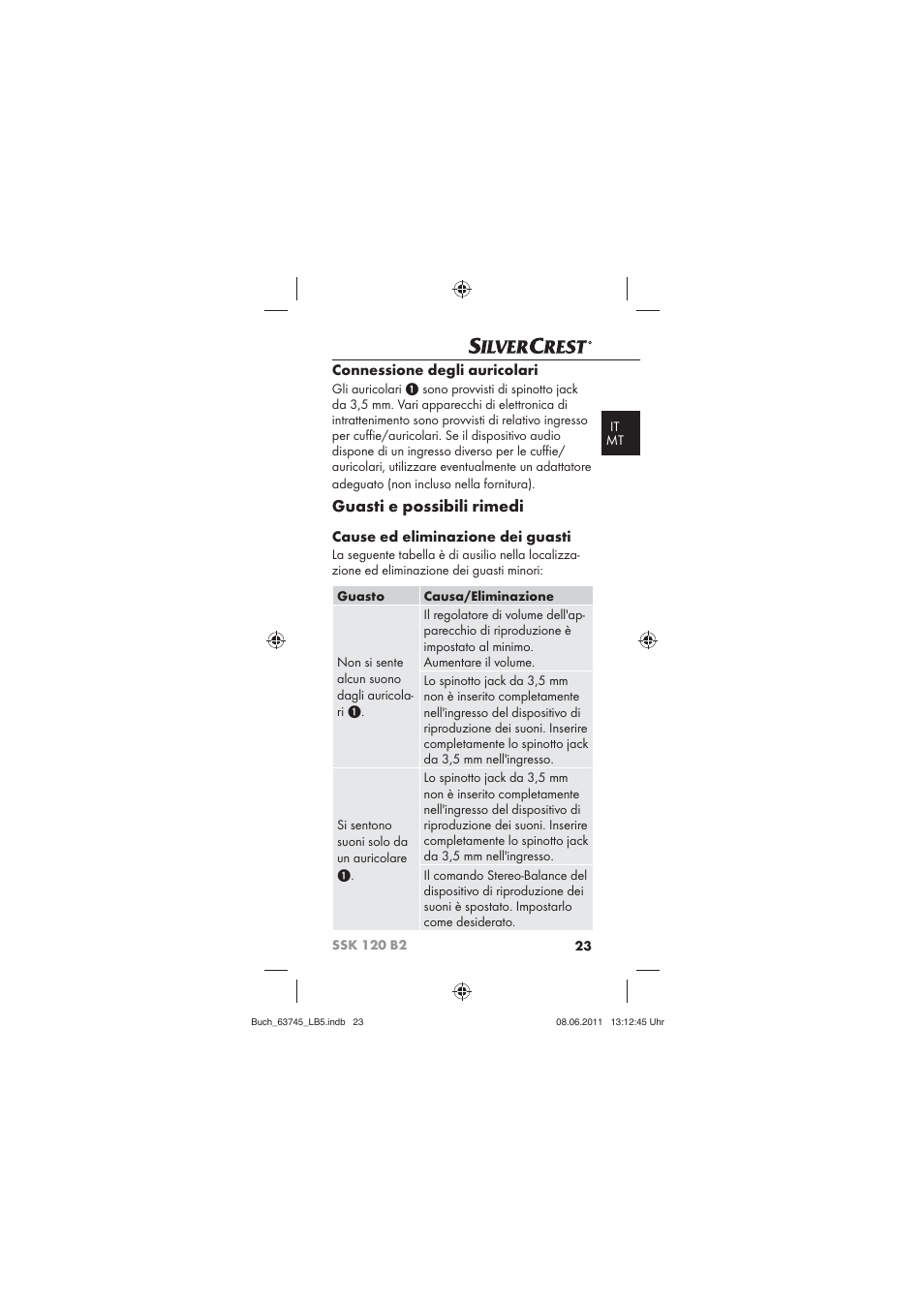 Guasti e possibili rimedi, Connessione degli auricolari, Cause ed eliminazione dei guasti | Silvercrest SSK 120 B2 User Manual | Page 25 / 72