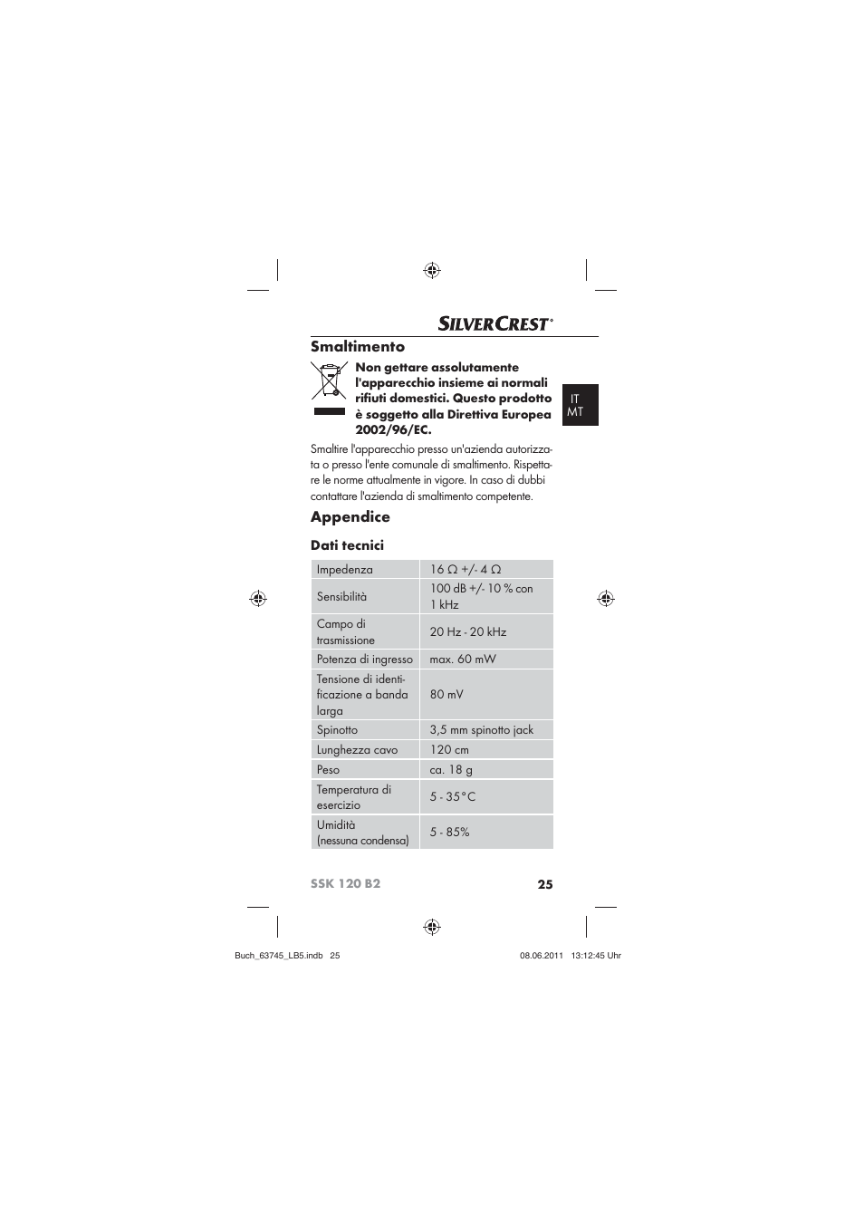 Smaltimento, Appendice, Dati tecnici | Silvercrest SSK 120 B2 User Manual | Page 27 / 72