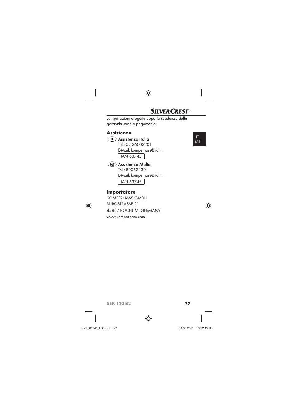 Assistenza, Importatore | Silvercrest SSK 120 B2 User Manual | Page 29 / 72