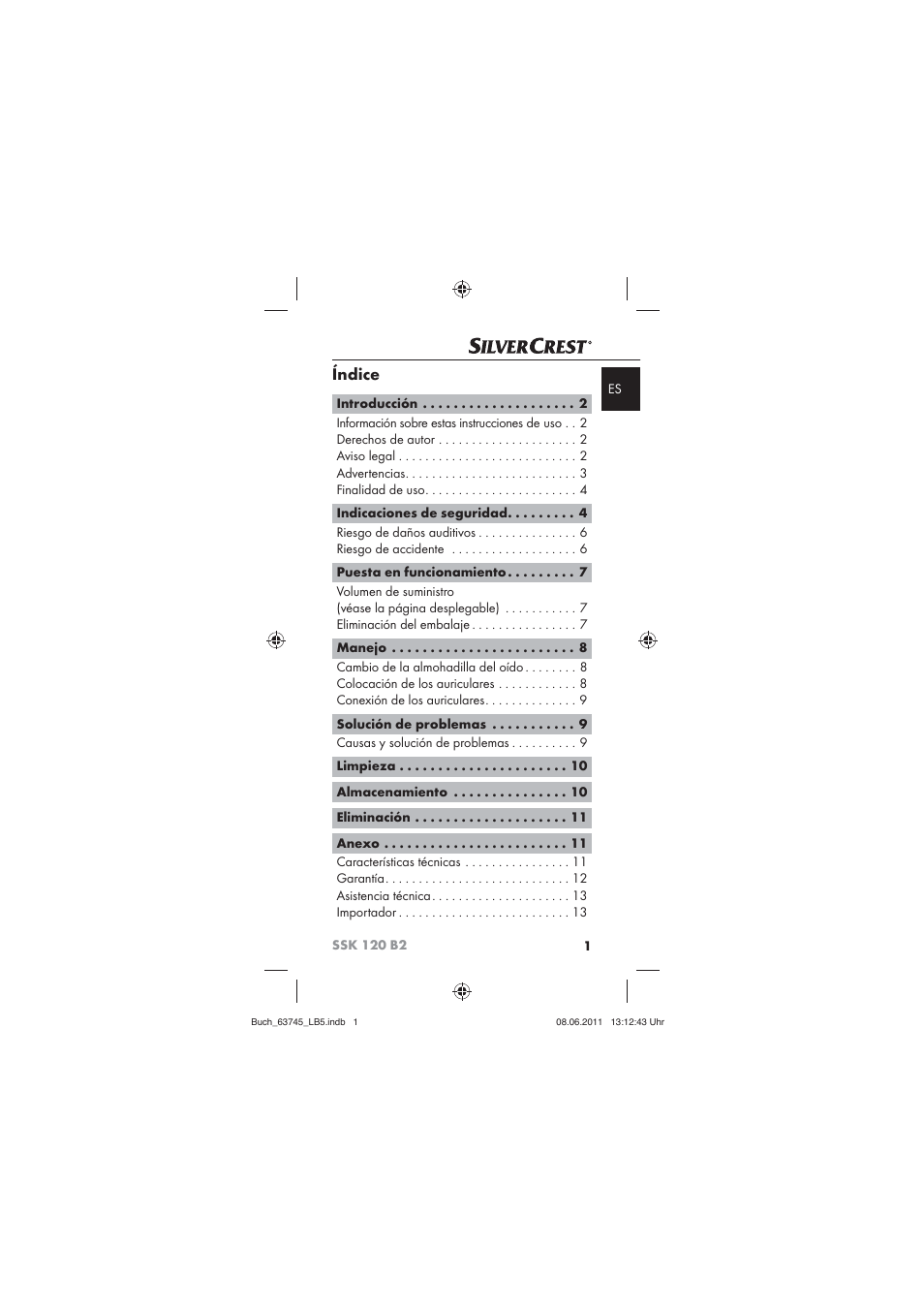 Índice | Silvercrest SSK 120 B2 User Manual | Page 3 / 72