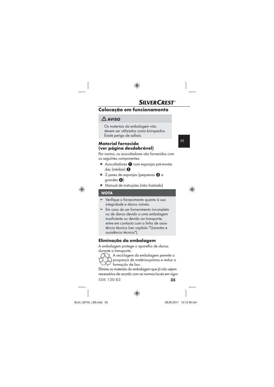 Colocação em funcionamento, Material fornecido (ver página desdobrável), Eliminação da embalagem | Silvercrest SSK 120 B2 User Manual | Page 37 / 72