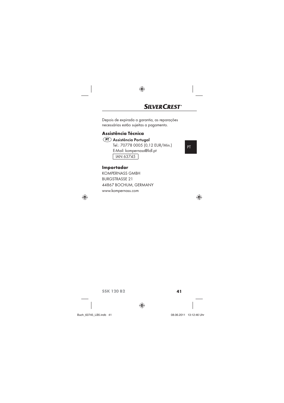 Assistência técnica, Importador | Silvercrest SSK 120 B2 User Manual | Page 43 / 72