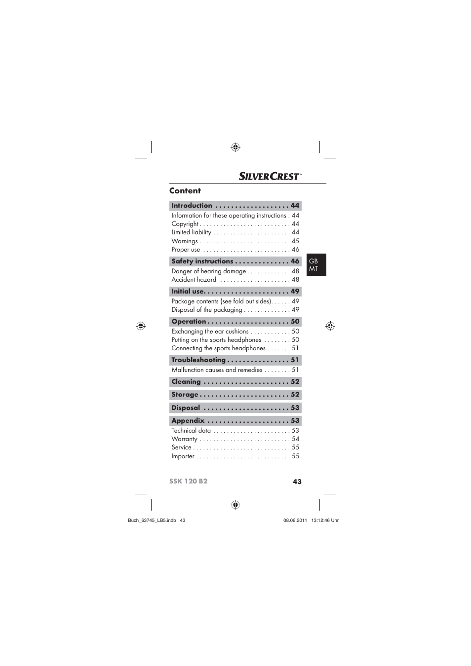 Content | Silvercrest SSK 120 B2 User Manual | Page 45 / 72