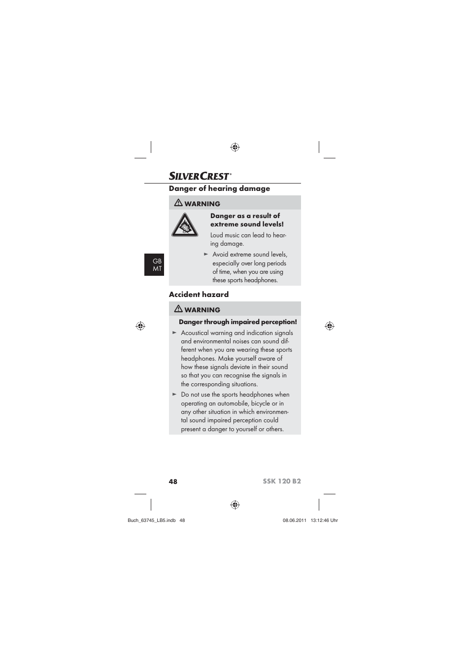 Danger of hearing damage, Accident hazard | Silvercrest SSK 120 B2 User Manual | Page 50 / 72