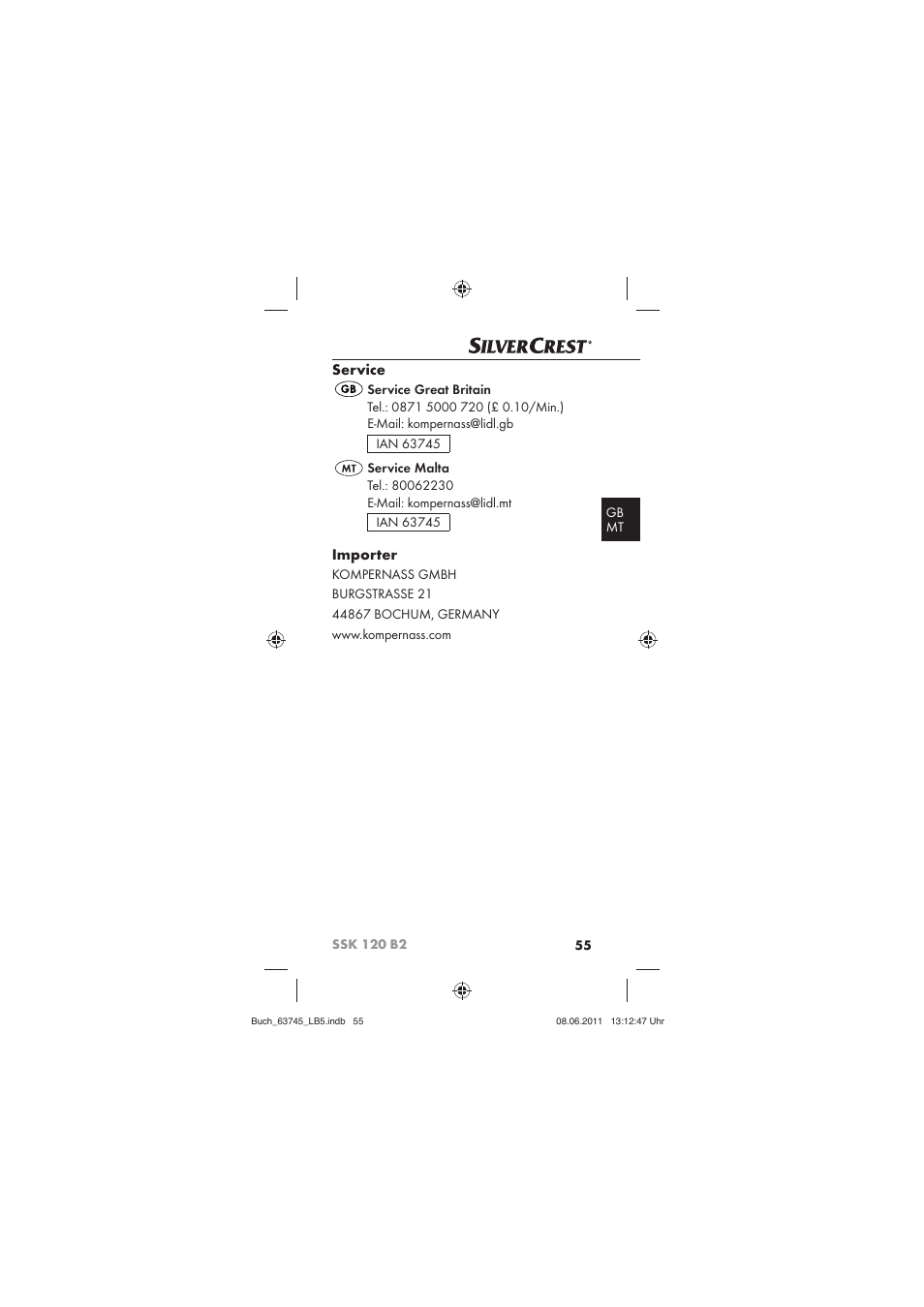 Service, Importer | Silvercrest SSK 120 B2 User Manual | Page 57 / 72