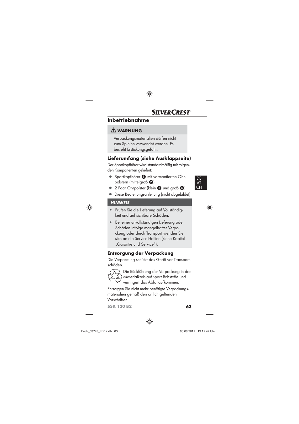 Inbetriebnahme, Lieferumfang (siehe ausklappseite), Entsorgung der verpackung | Silvercrest SSK 120 B2 User Manual | Page 65 / 72