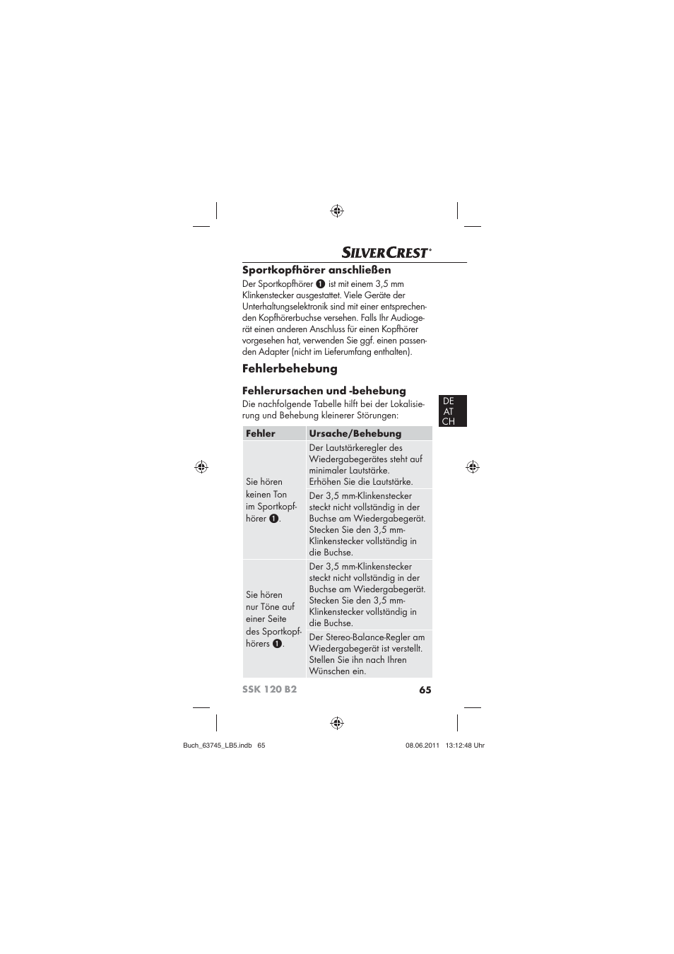 Fehlerbehebung, Sportkopfhörer anschließen, Fehlerursachen und -behebung | Silvercrest SSK 120 B2 User Manual | Page 67 / 72