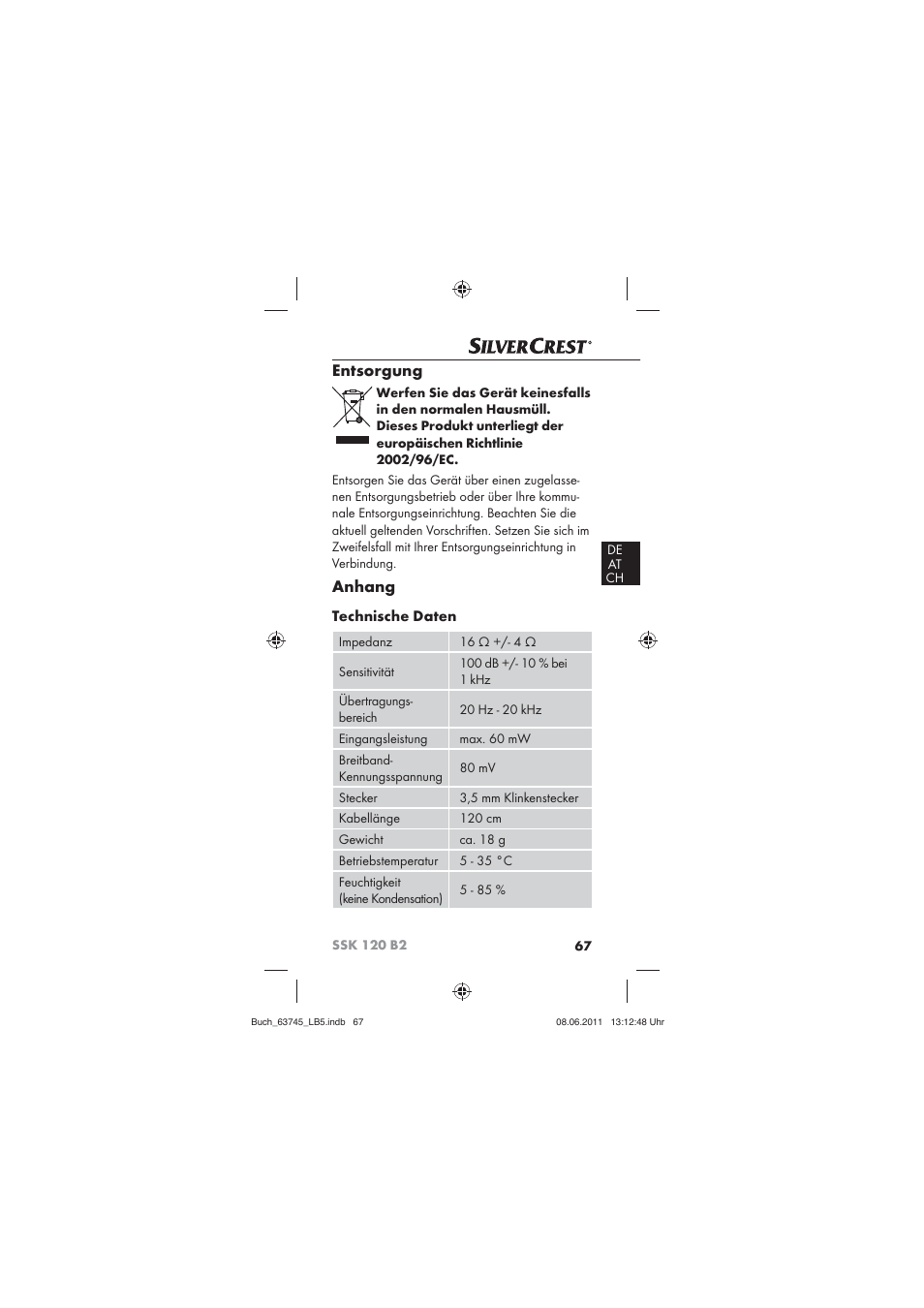 Entsorgung, Anhang, Technische daten | Silvercrest SSK 120 B2 User Manual | Page 69 / 72