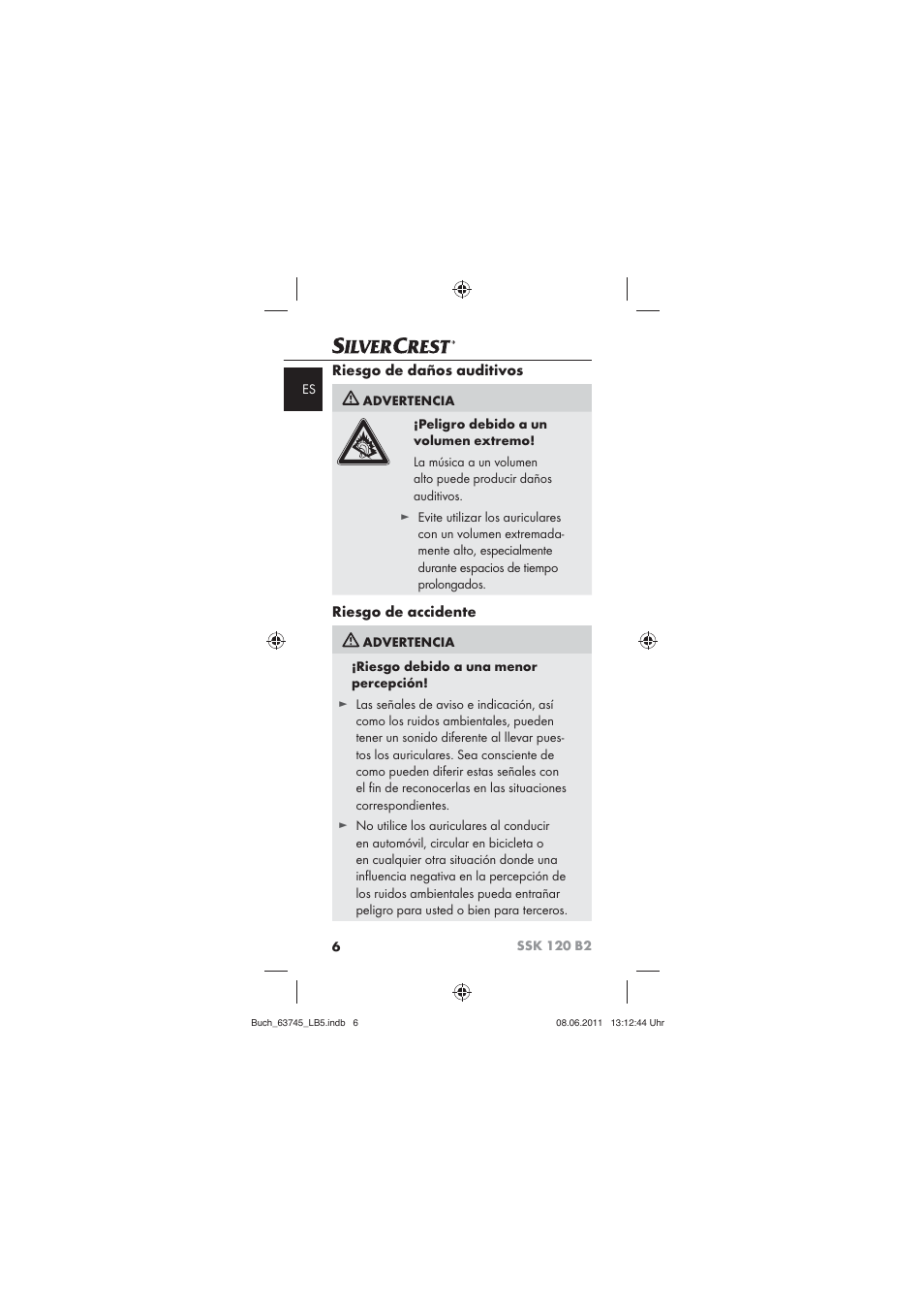 Riesgo de daños auditivos, Riesgo de accidente | Silvercrest SSK 120 B2 User Manual | Page 8 / 72