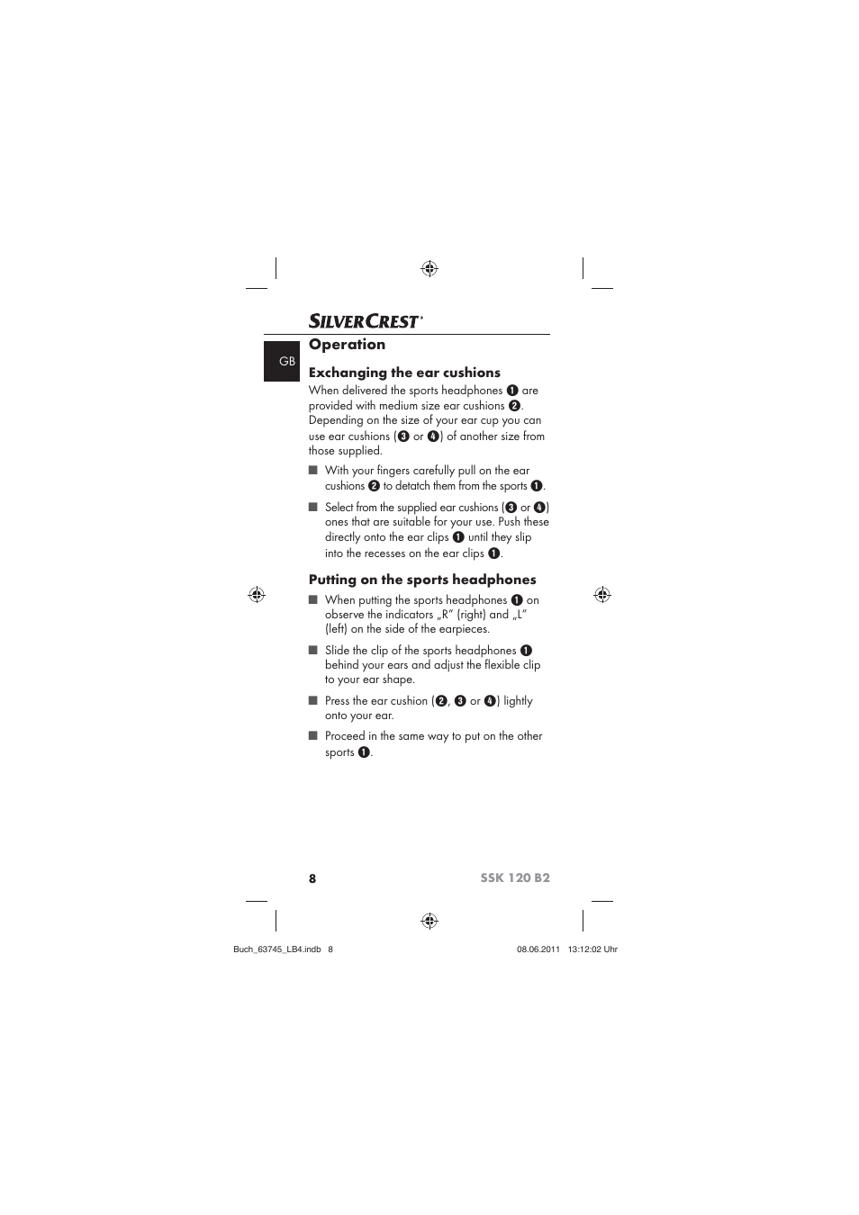 Operation, Exchanging the ear cushions, Putting on the sports headphones | Silvercrest SSK 120 B2 User Manual | Page 10 / 86