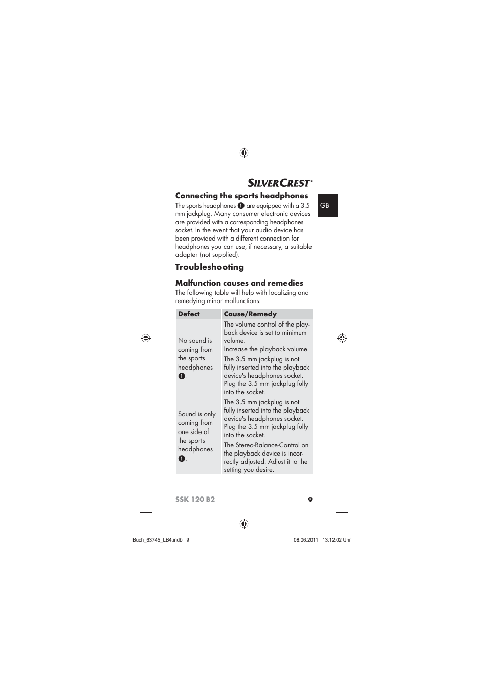 Troubleshooting, Connecting the sports headphones, Malfunction causes and remedies | Silvercrest SSK 120 B2 User Manual | Page 11 / 86