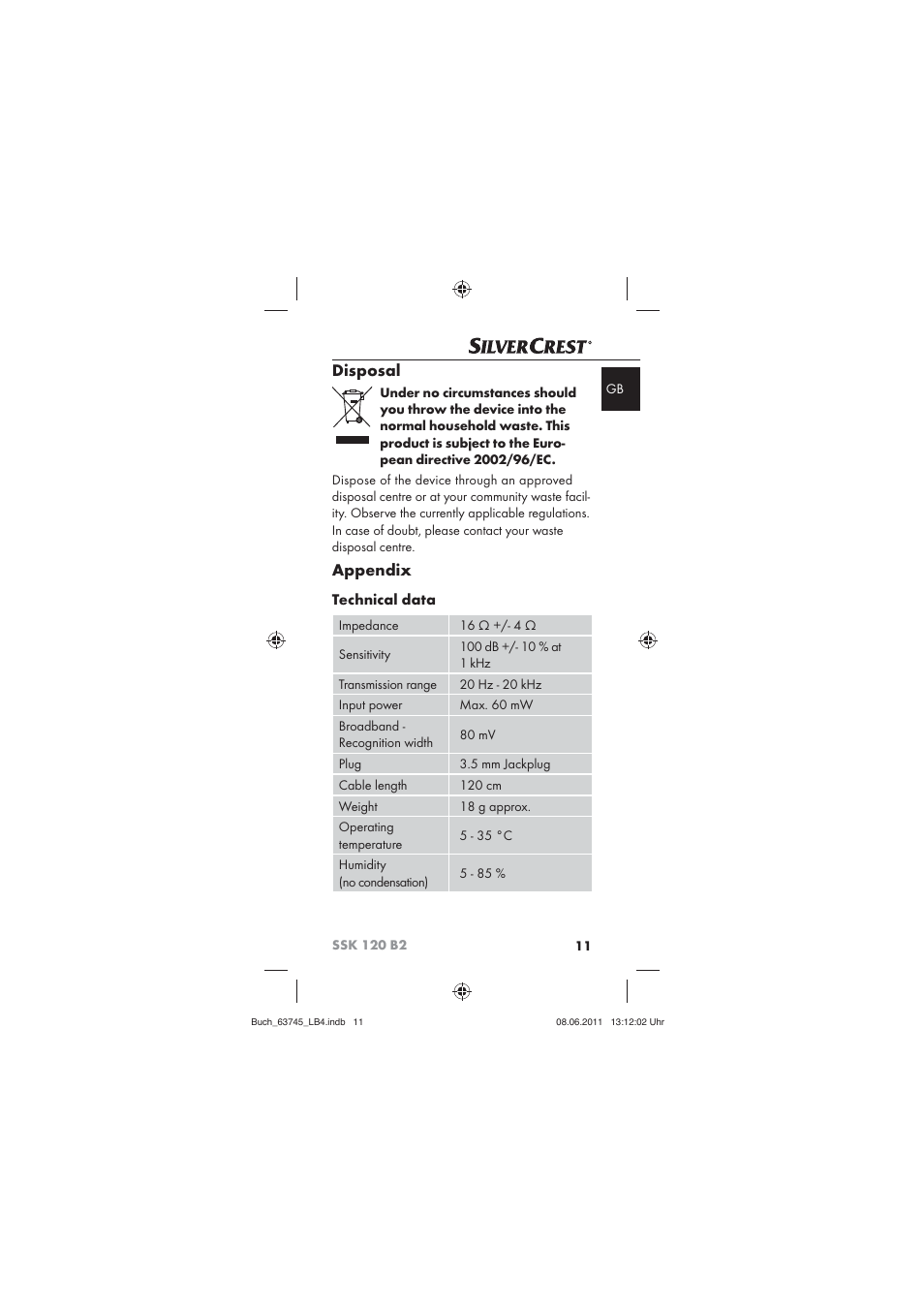 Disposal, Appendix, Technical data | Silvercrest SSK 120 B2 User Manual | Page 13 / 86