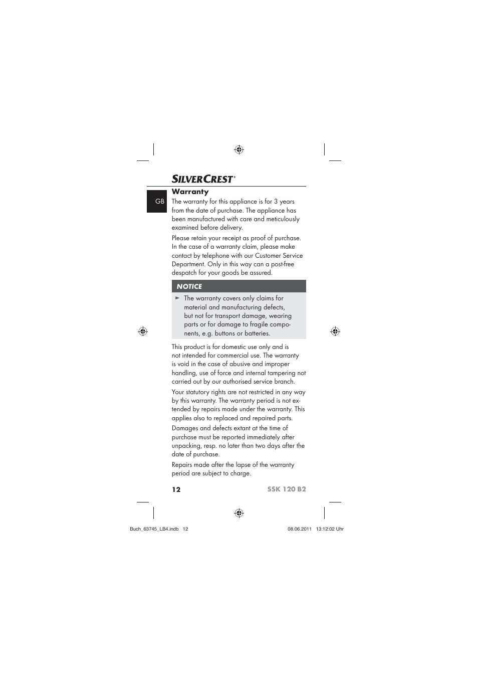 Warranty | Silvercrest SSK 120 B2 User Manual | Page 14 / 86