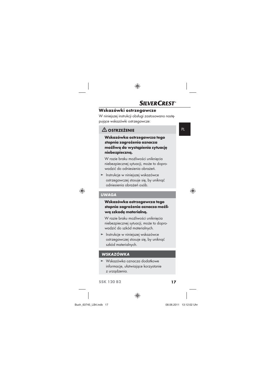 Wskazówki ostrzegawcze | Silvercrest SSK 120 B2 User Manual | Page 19 / 86