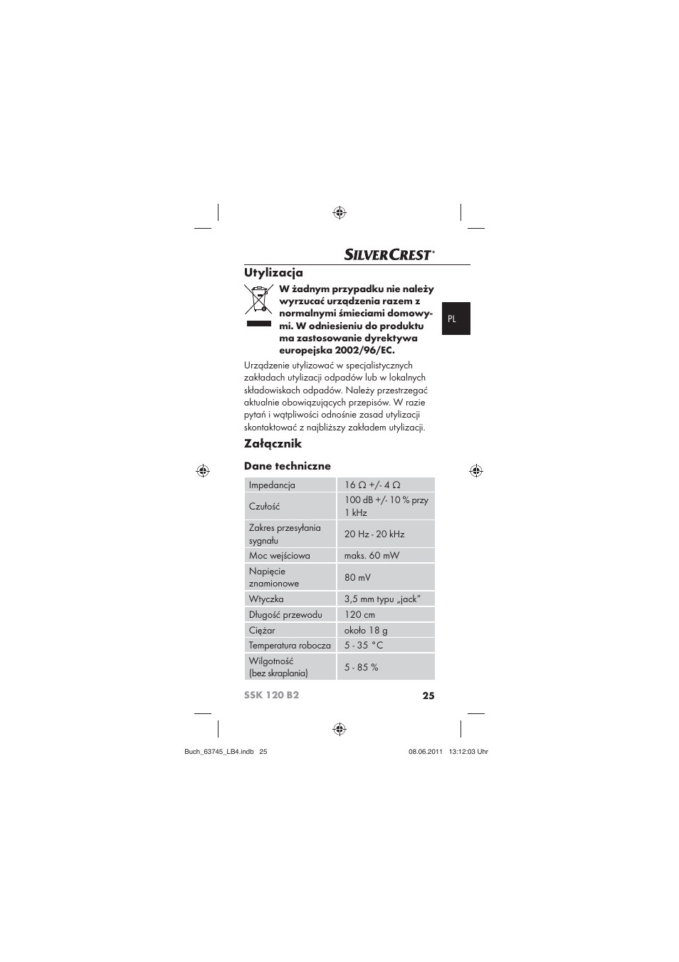 Utylizacja, Załącznik, Dane techniczne | Silvercrest SSK 120 B2 User Manual | Page 27 / 86