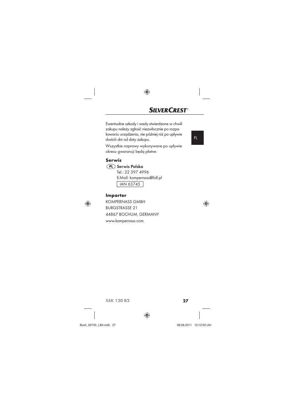 Serwis, Importer | Silvercrest SSK 120 B2 User Manual | Page 29 / 86