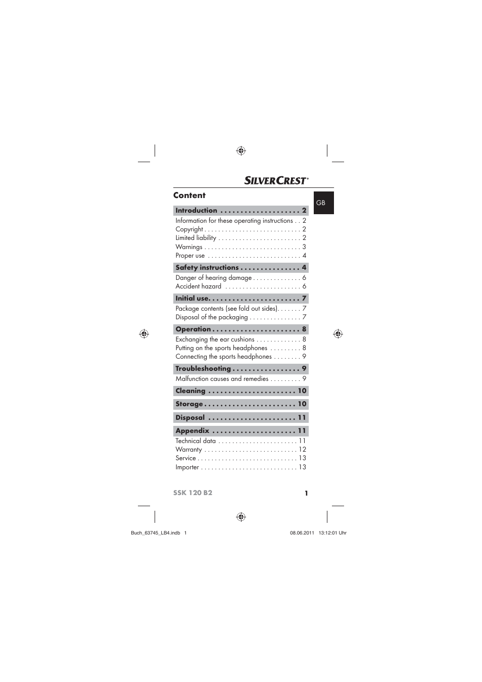 Content | Silvercrest SSK 120 B2 User Manual | Page 3 / 86