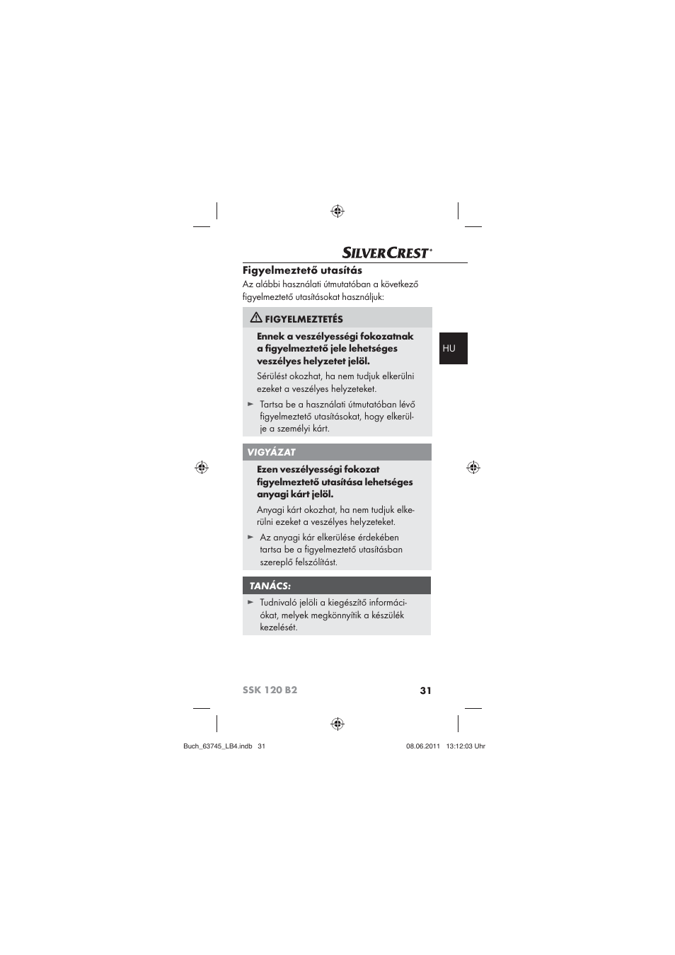 Figyelmeztető utasítás | Silvercrest SSK 120 B2 User Manual | Page 33 / 86