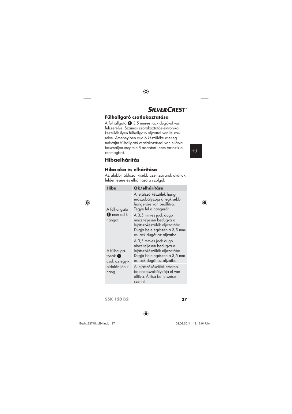 Hibaelhárítás, Fülhallgató csatlakoztatása, Hiba oka és elhárítása | Silvercrest SSK 120 B2 User Manual | Page 39 / 86