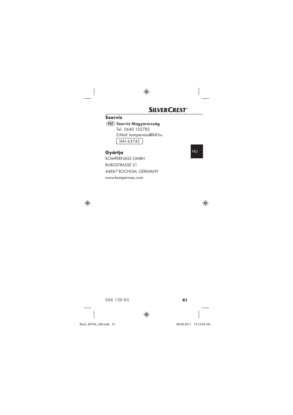 Szerviz, Gyártja | Silvercrest SSK 120 B2 User Manual | Page 43 / 86