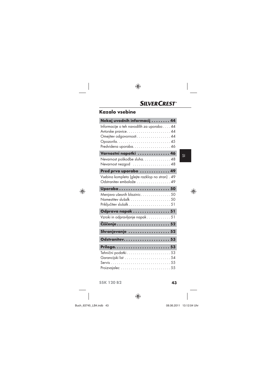 Kazalo vsebine | Silvercrest SSK 120 B2 User Manual | Page 45 / 86