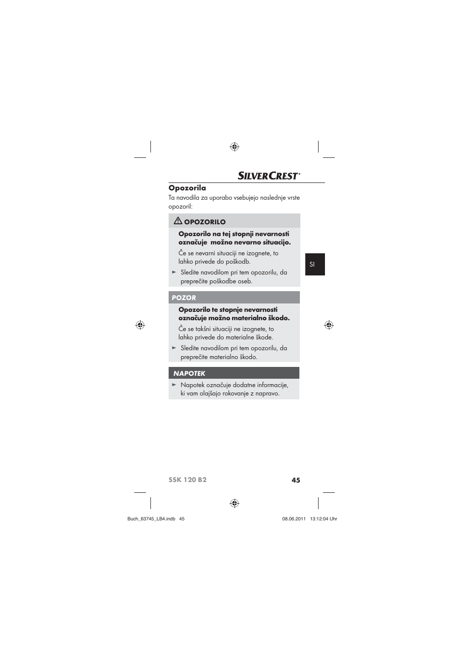 Opozorila | Silvercrest SSK 120 B2 User Manual | Page 47 / 86