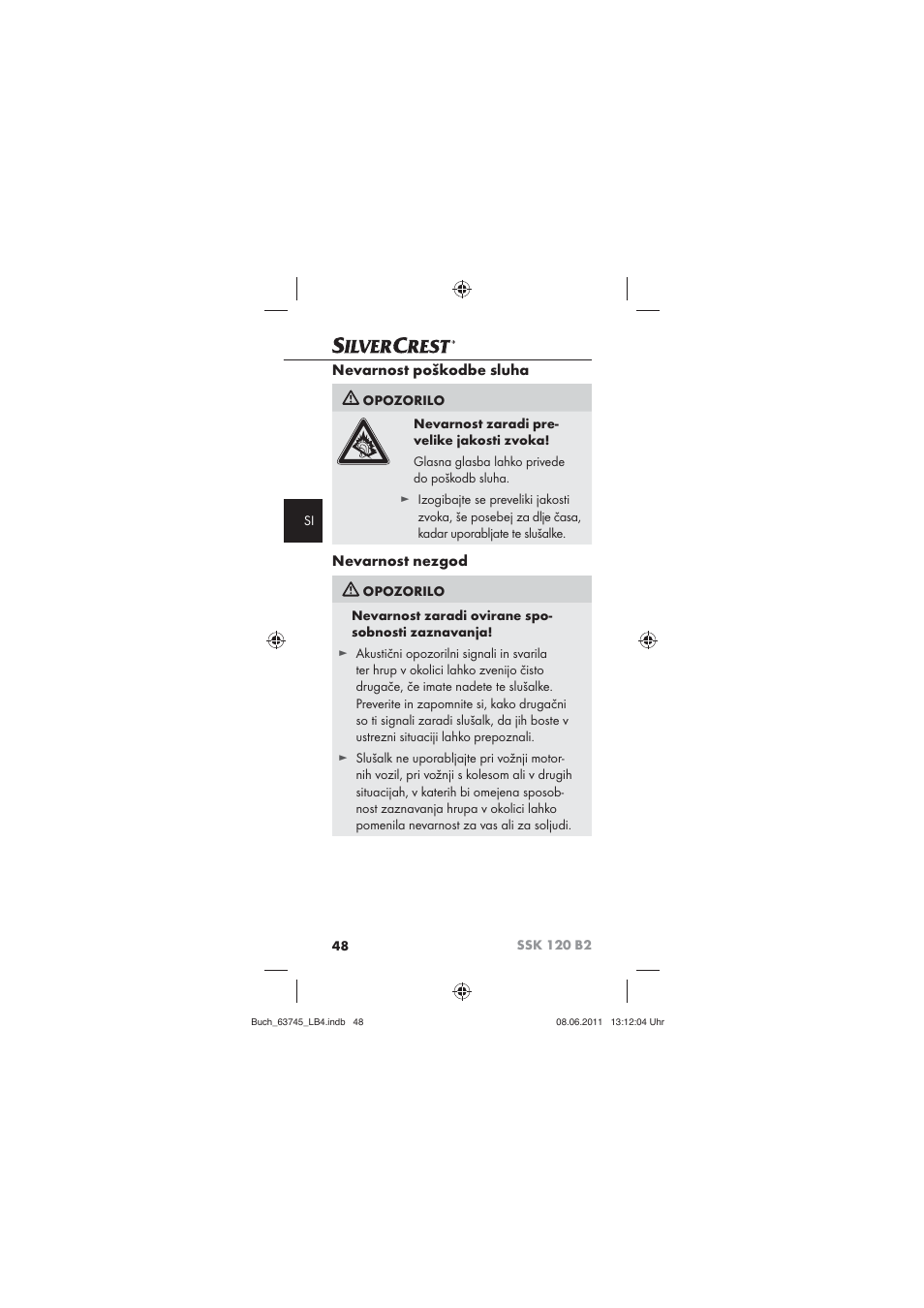 Nevarnost poškodbe sluha, Nevarnost nezgod | Silvercrest SSK 120 B2 User Manual | Page 50 / 86
