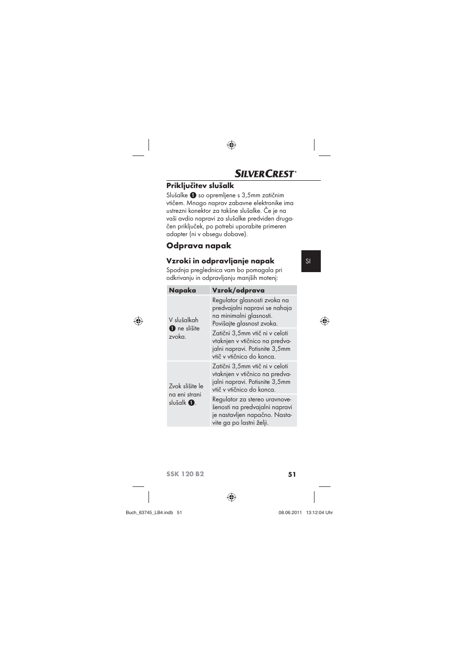 Odprava napak, Priključitev slušalk, Vzroki in odpravljanje napak | Silvercrest SSK 120 B2 User Manual | Page 53 / 86