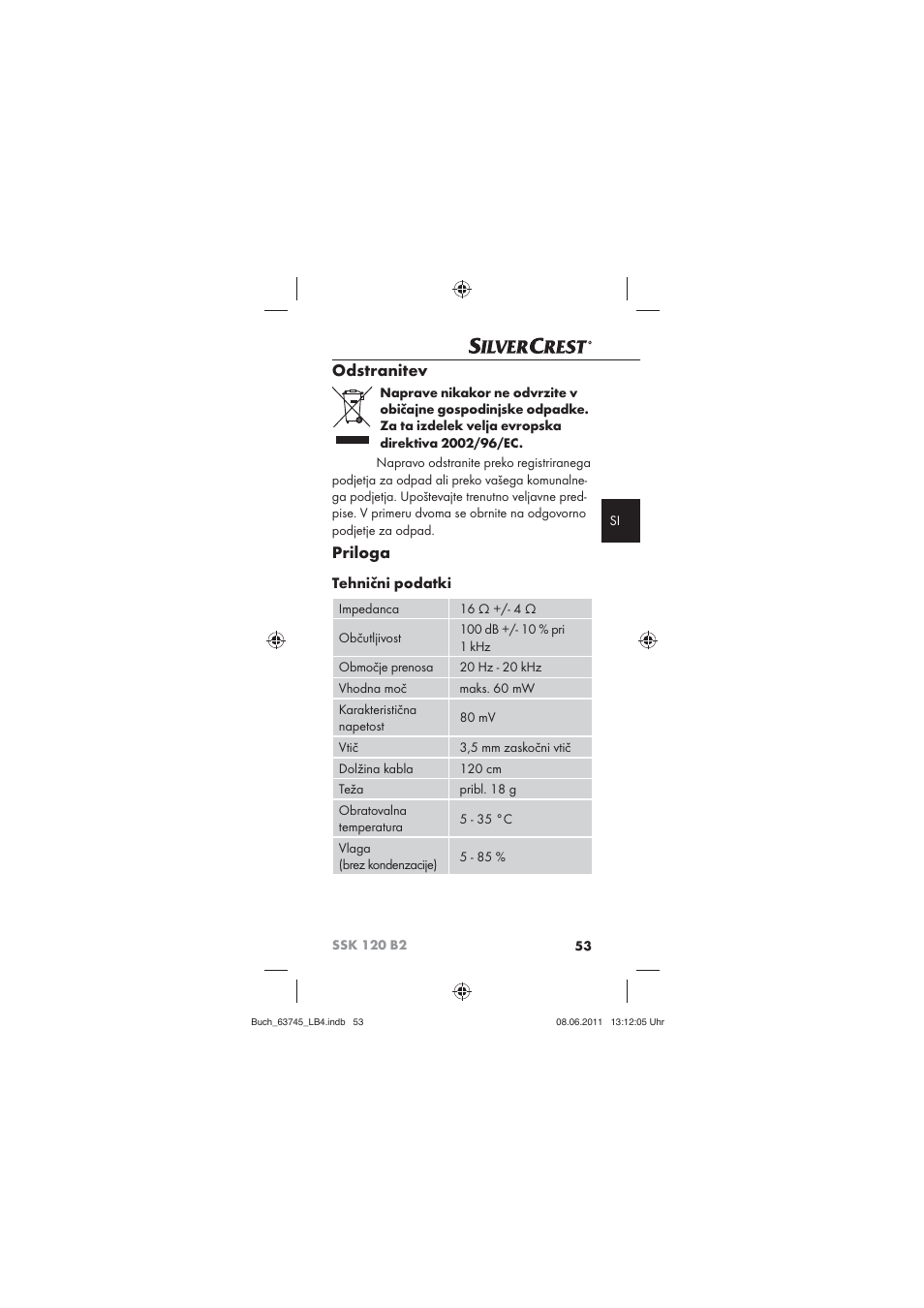 Odstranitev, Priloga, Tehnični podatki | Silvercrest SSK 120 B2 User Manual | Page 55 / 86