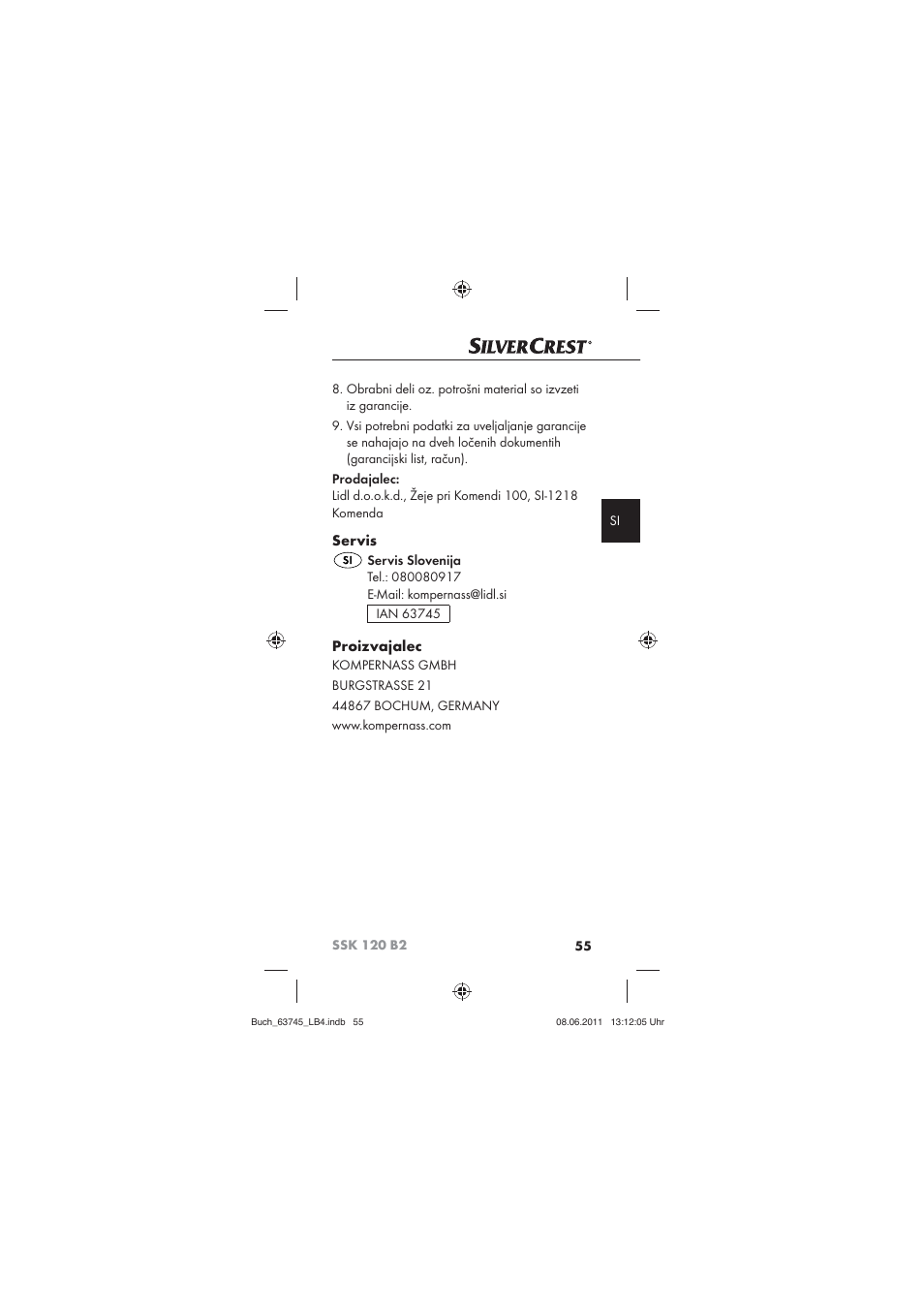 Servis, Proizvajalec | Silvercrest SSK 120 B2 User Manual | Page 57 / 86