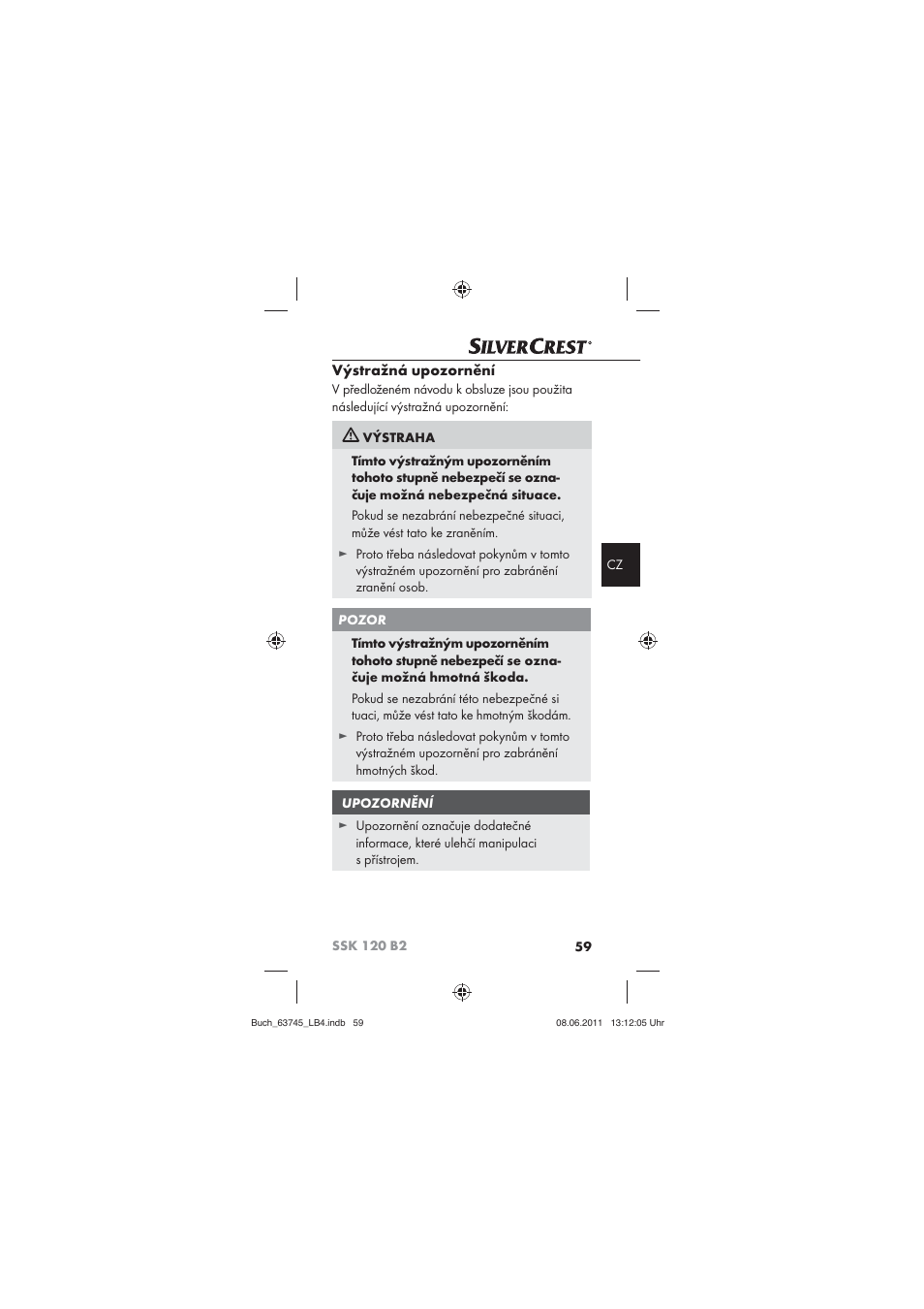 Výstražná upozornění | Silvercrest SSK 120 B2 User Manual | Page 61 / 86