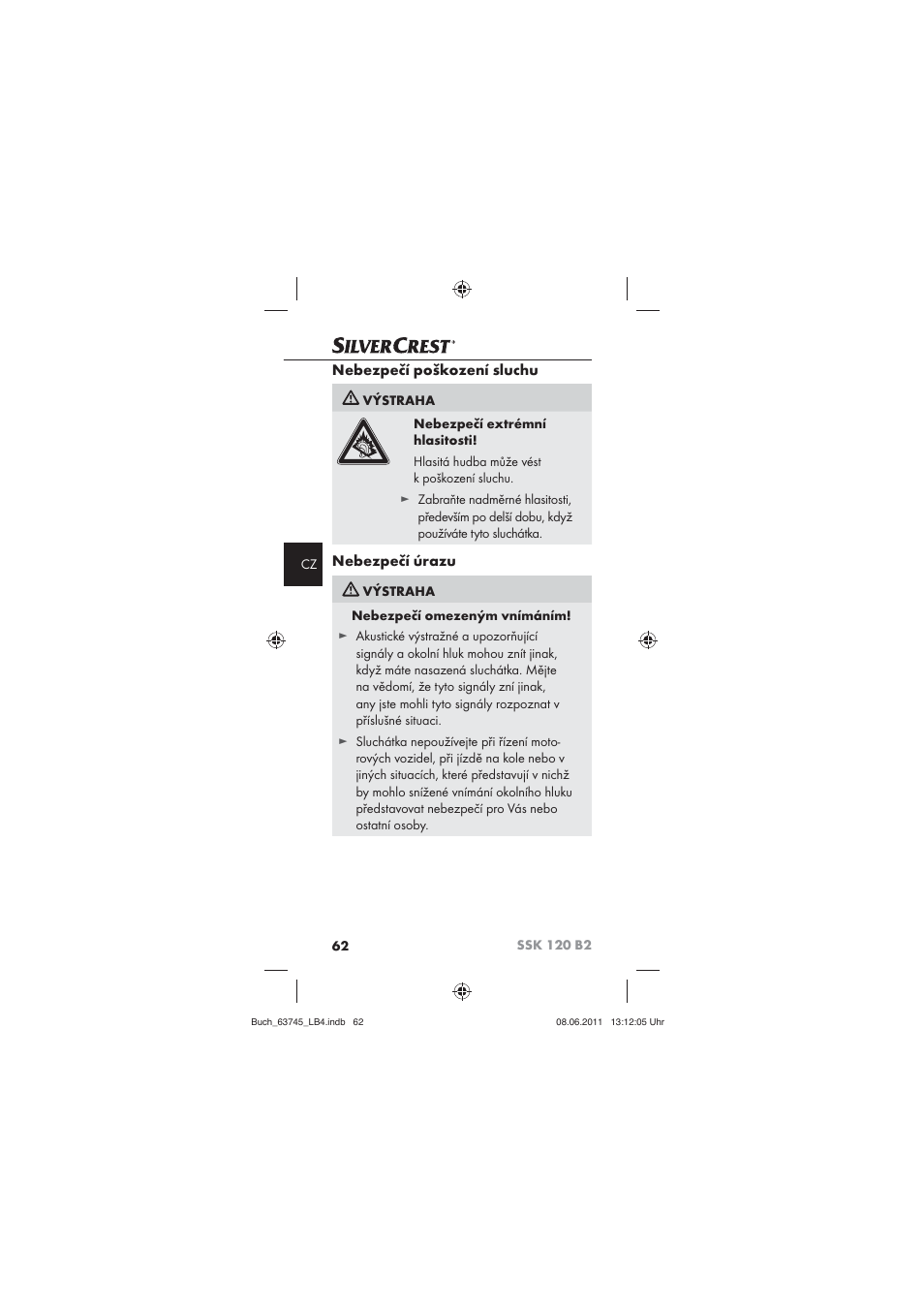 Nebezpečí poškození sluchu, Nebezpečí úrazu | Silvercrest SSK 120 B2 User Manual | Page 64 / 86