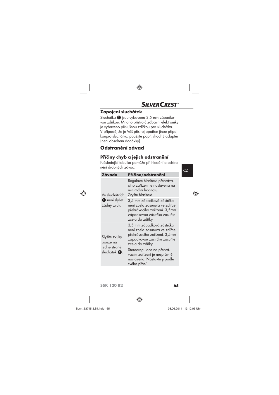 Odstranění závad, Zapojení sluchátek, Příčiny chyb a jejich odstranění | Silvercrest SSK 120 B2 User Manual | Page 67 / 86