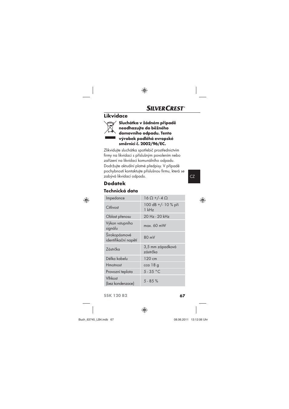 Likvidace, Dodatek, Technická data | Silvercrest SSK 120 B2 User Manual | Page 69 / 86