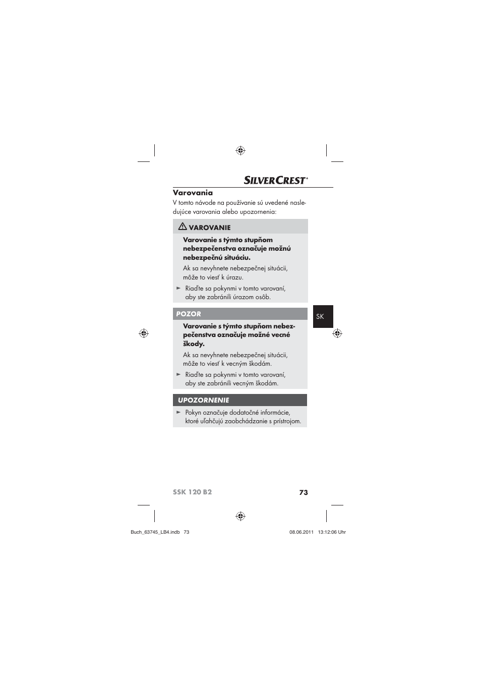 Varovania | Silvercrest SSK 120 B2 User Manual | Page 75 / 86