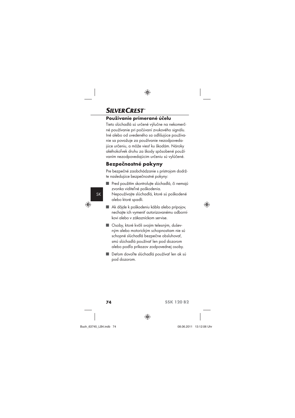 Bezpečnostné pokyny, Používanie primerané účelu | Silvercrest SSK 120 B2 User Manual | Page 76 / 86