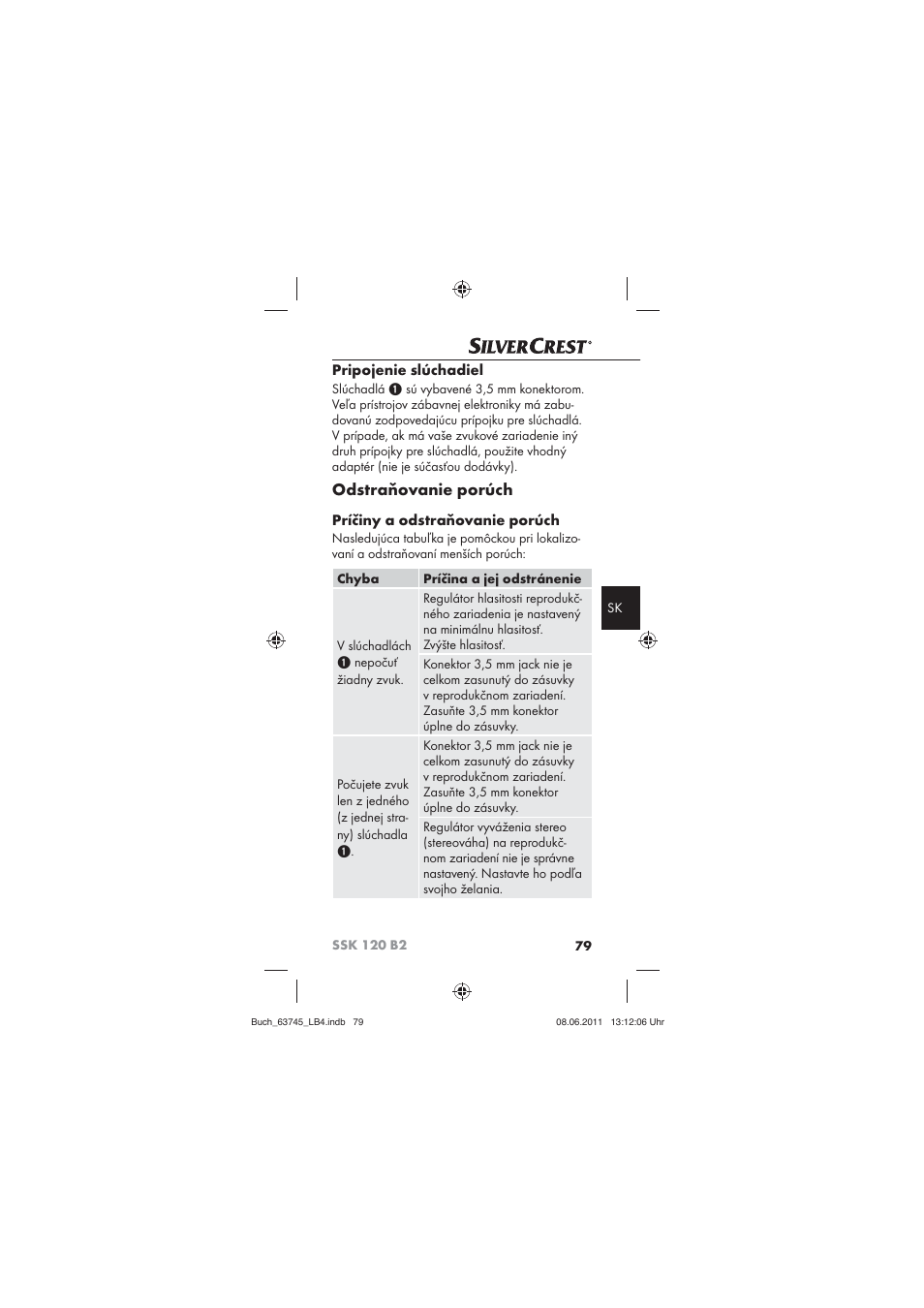 Odstraňovanie porúch, Pripojenie slúchadiel, Príčiny a odstraňovanie porúch | Silvercrest SSK 120 B2 User Manual | Page 81 / 86