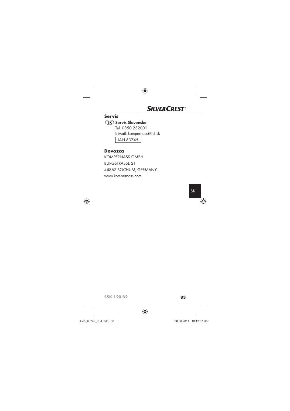 Servis, Dovozca | Silvercrest SSK 120 B2 User Manual | Page 85 / 86