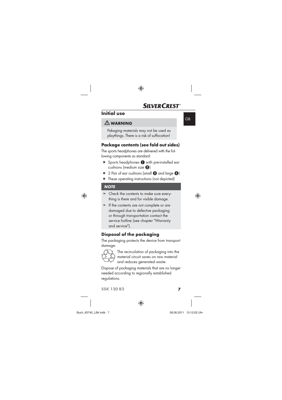 Initial use, Package contents (see fold out sides), Disposal of the packaging | Silvercrest SSK 120 B2 User Manual | Page 9 / 86