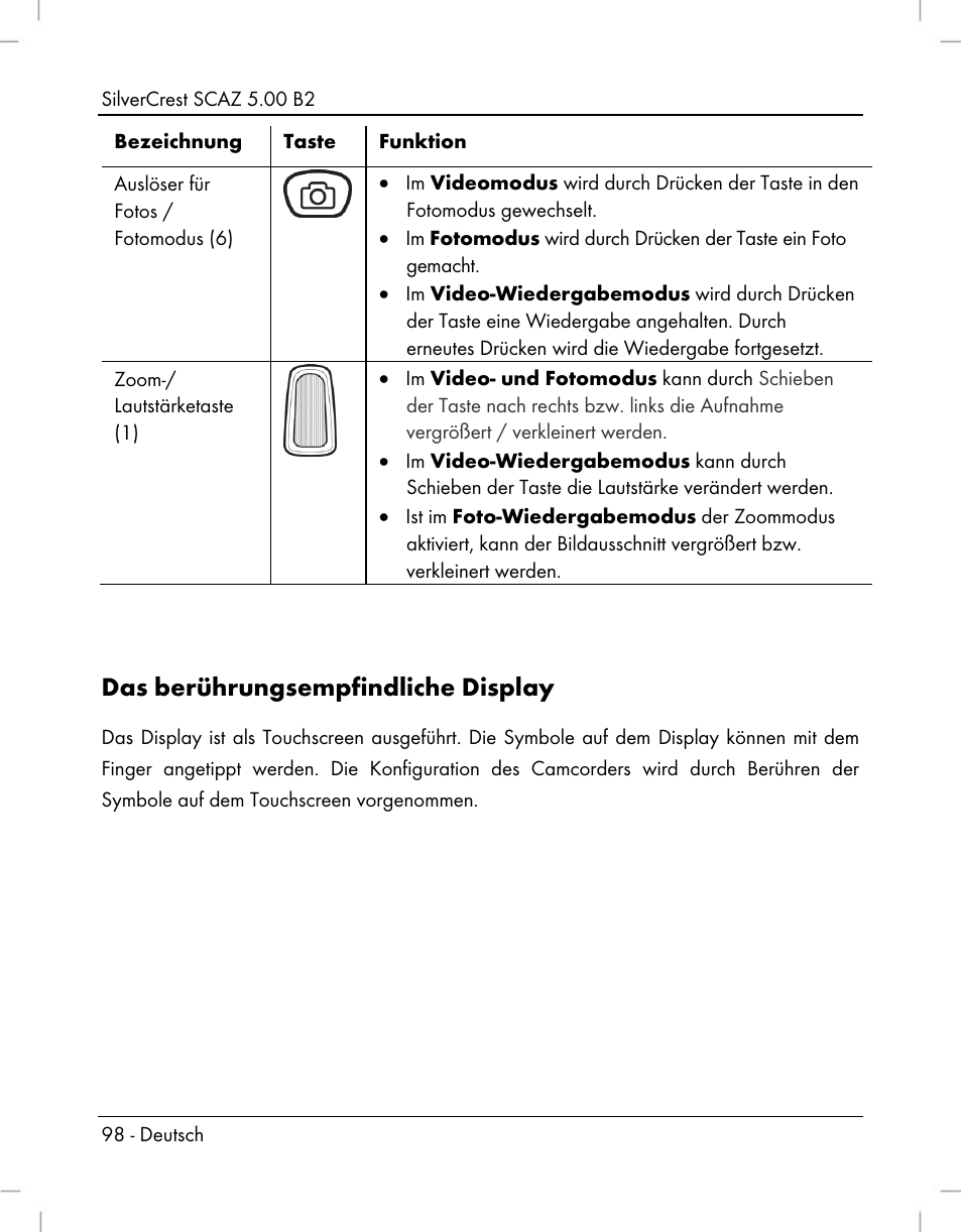 Das berührungsempfindliche display | Silvercrest SCAZ 5.00 B2 User Manual | Page 100 / 222