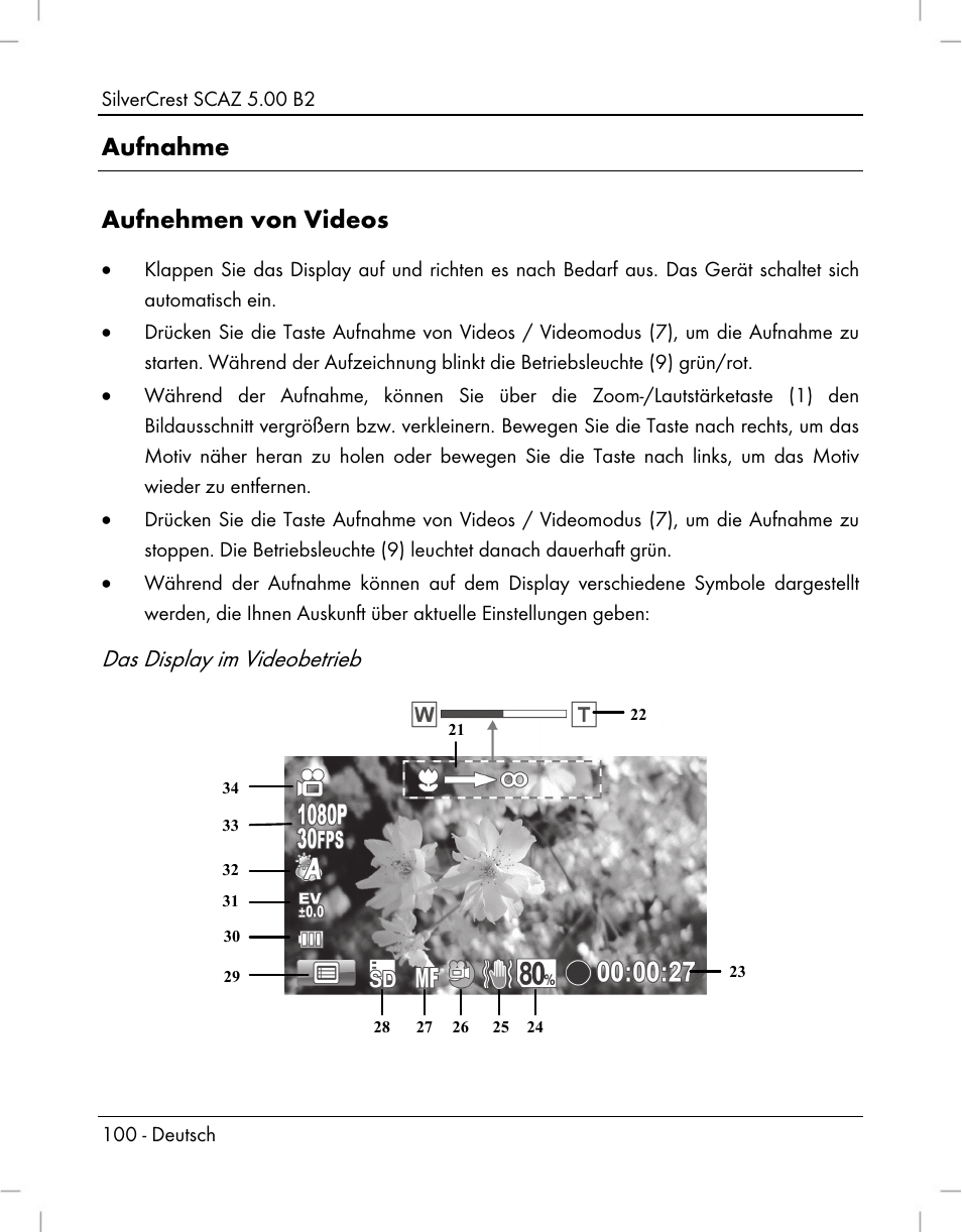 Aufnahme aufnehmen von videos, Das display im videobetrieb | Silvercrest SCAZ 5.00 B2 User Manual | Page 102 / 222