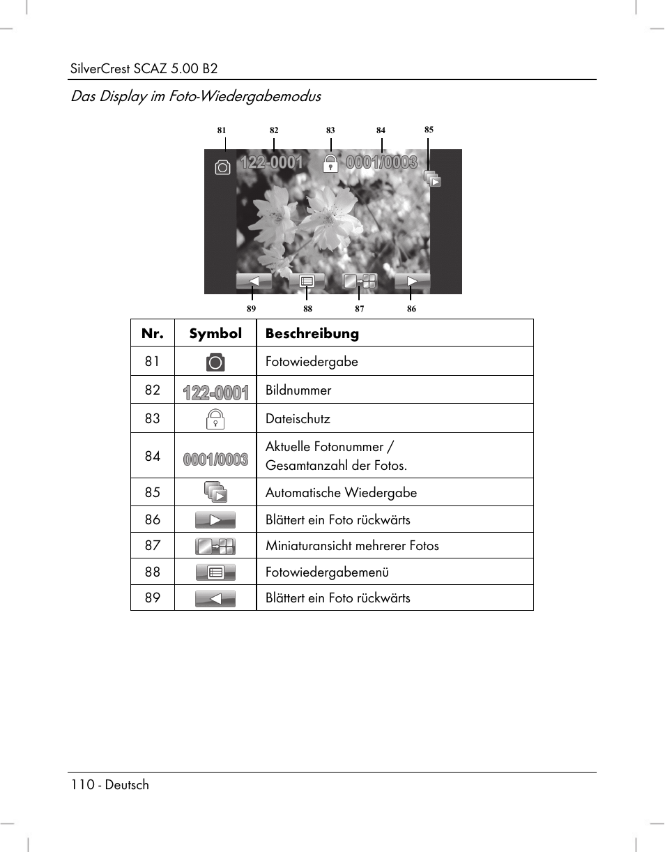 Das display im foto-wiedergabemodus | Silvercrest SCAZ 5.00 B2 User Manual | Page 112 / 222