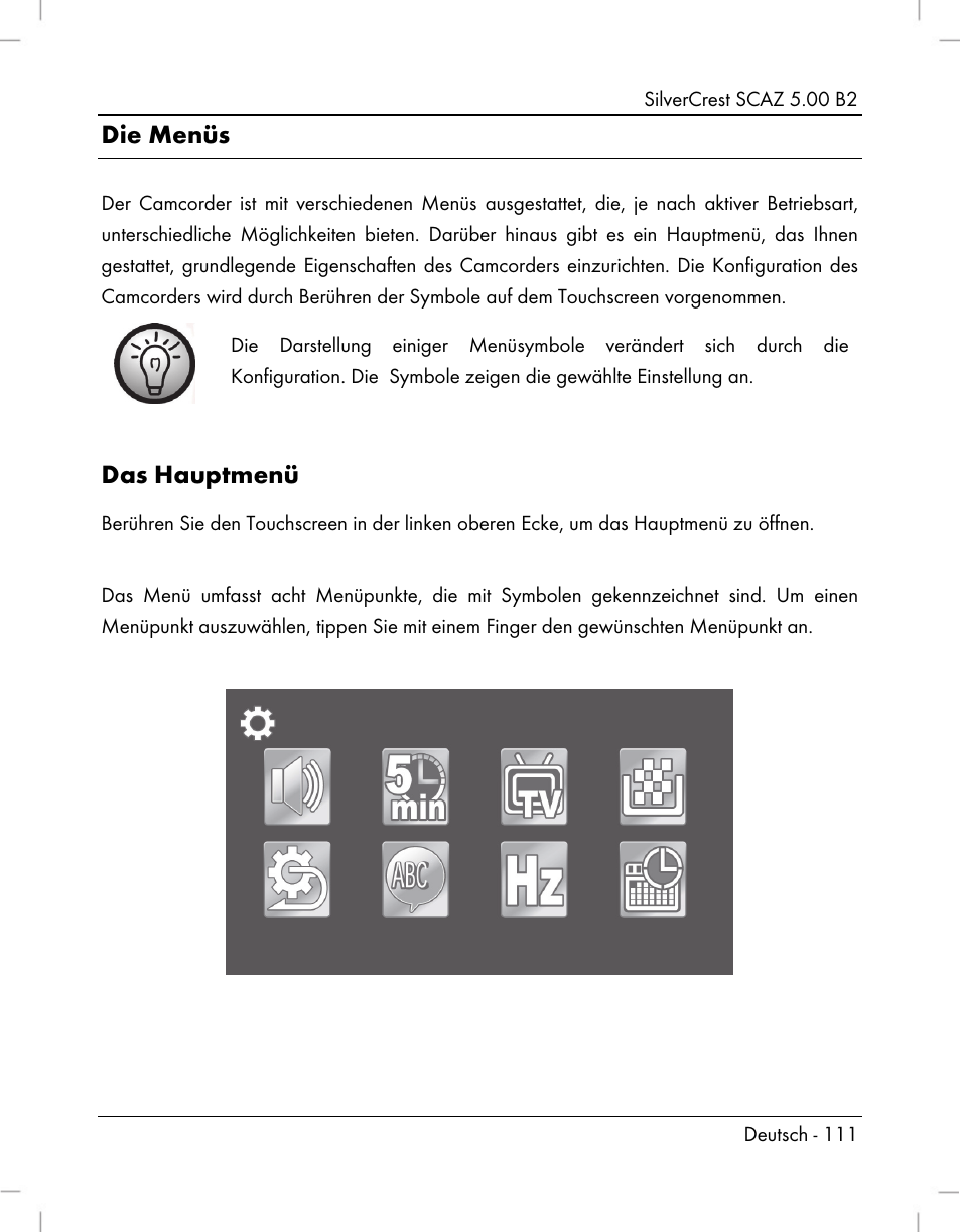 Die menüs, Das hauptmenü | Silvercrest SCAZ 5.00 B2 User Manual | Page 113 / 222