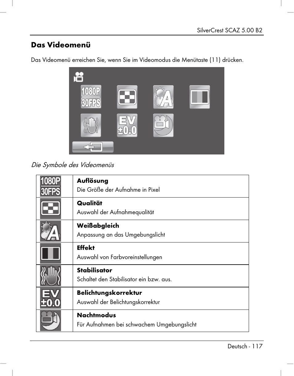 Das videomenü, Die symbole des videomenüs | Silvercrest SCAZ 5.00 B2 User Manual | Page 119 / 222