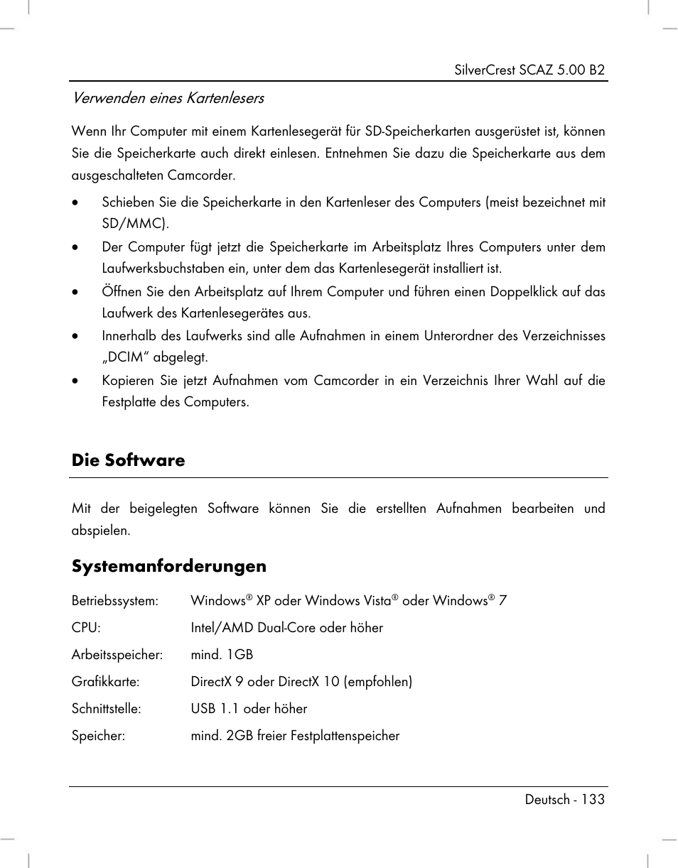 Die software, Systemanforderungen, Verwenden eines kartenlesers | Silvercrest SCAZ 5.00 B2 User Manual | Page 135 / 222